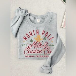 North Pole Milk & Cookie Sweatshirt Gray Christmas Graphic Cozy Holiday Crew